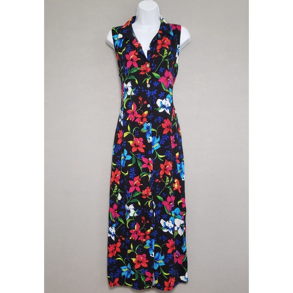Vintage 90s Maxi Dress Whimsigoth Dark Tropical Floral Button Down Grunge Fairy
